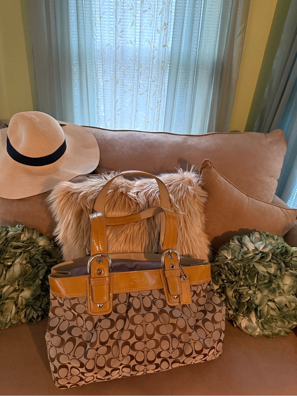Authentic Coach Brown Signature Canvas with Yellow Trim • Vintage • Like New •